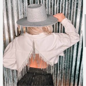 White jean jacket - back sparkle fringe!